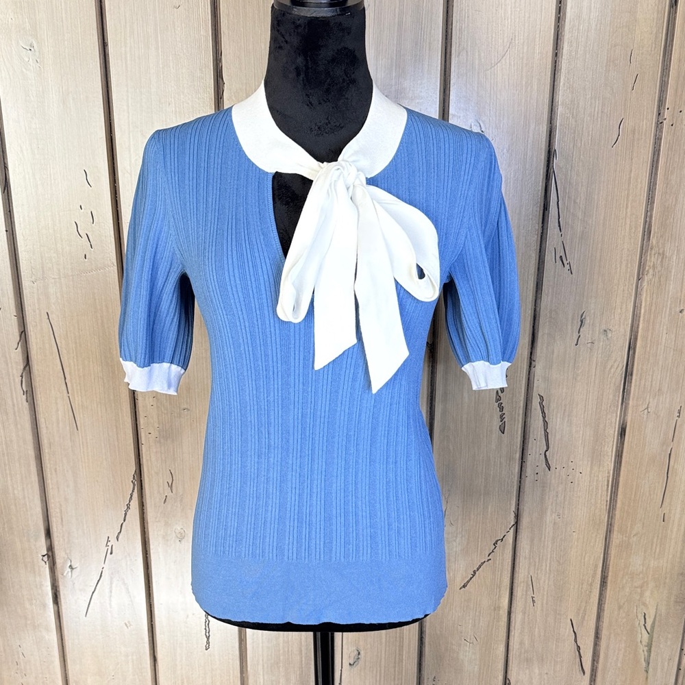kate spade Blue Knit Tie-Neck Top with White Bow